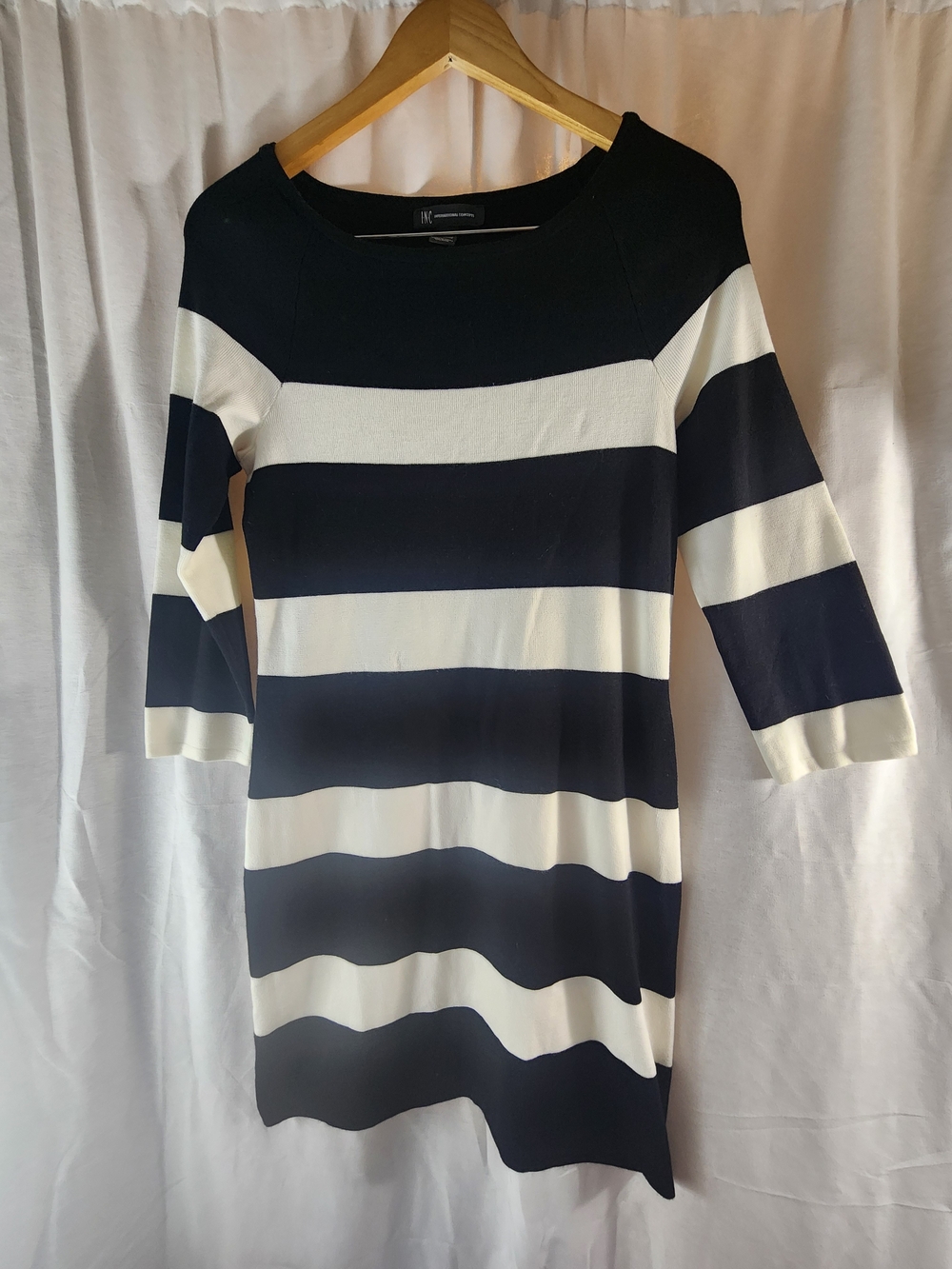 INC International Concepts Black & White Striped Sweater Dress 3/4 Sleeve L